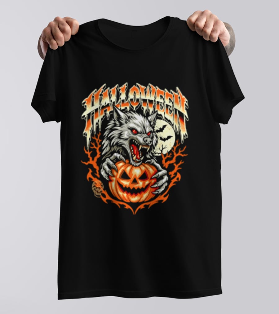 Halloween Werewolf With Jack O' Lantern And Full Moon T-Shirt