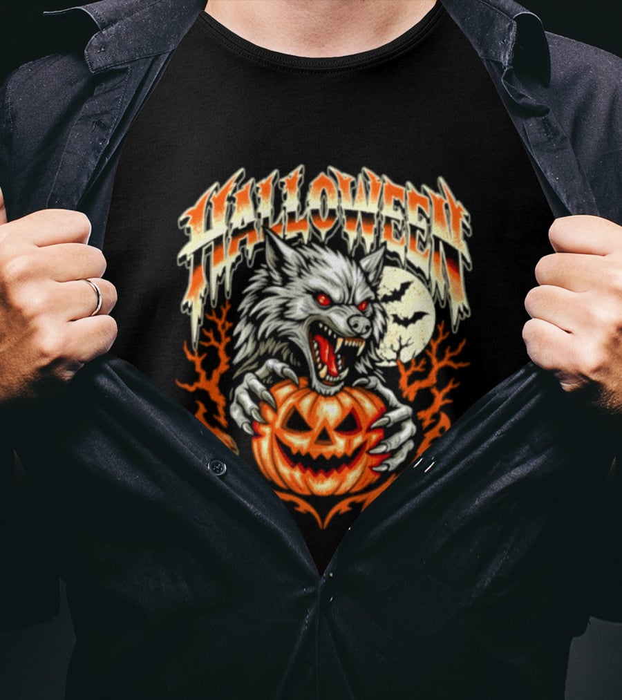 Halloween Werewolf With Jack O' Lantern And Full Moon T-Shirt