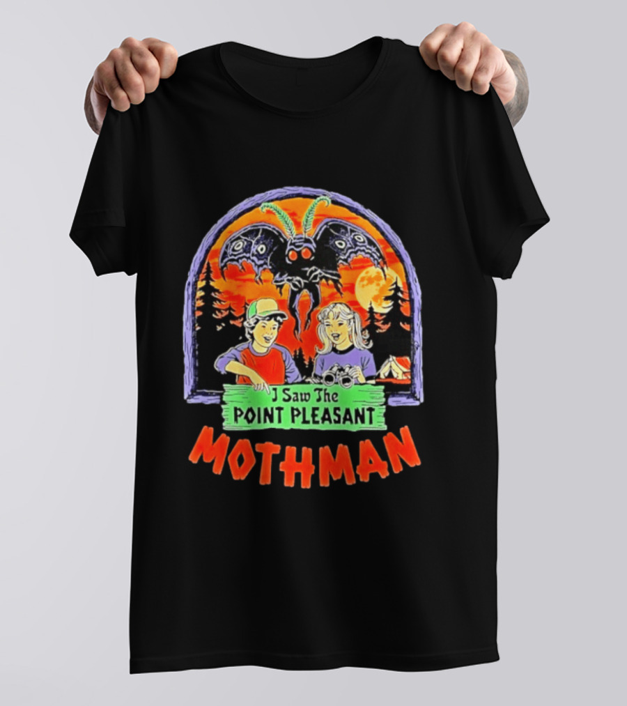 I Saw The Point Pleasant Mothman With Kids And Binoculars In Forest Scene T-Shirt