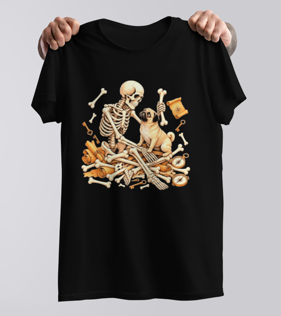 Skeleton And Pug With Bones And Scrolls Halloween Adventure T-Shirt