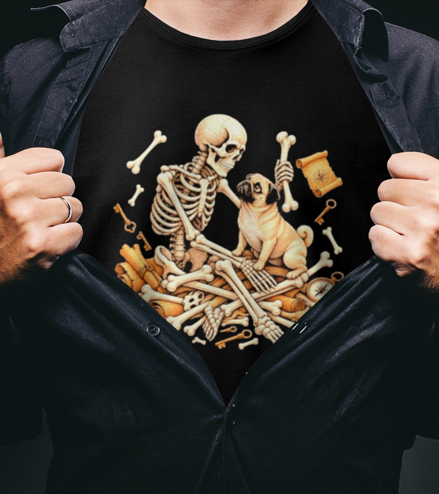 Skeleton And Pug With Bones And Scrolls Halloween Adventure T-Shirt