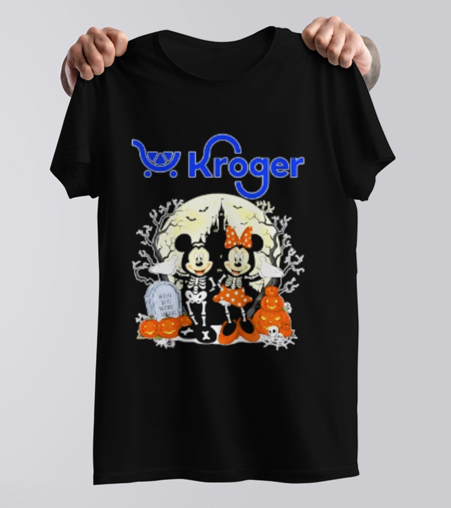 Kroger Mickey And Minnie Mouse Skeleton Halloween Pumpkins And Gravestone T-Shirt