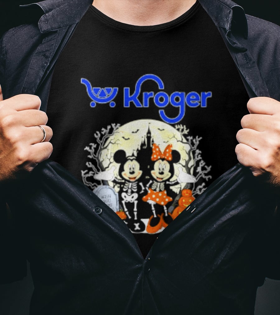 Kroger Mickey And Minnie Mouse Skeleton Halloween Pumpkins And Gravestone T-Shirt