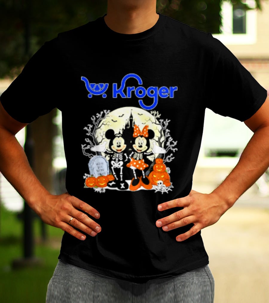 Kroger Mickey And Minnie Mouse Skeleton Halloween Pumpkins And Gravestone T-Shirt