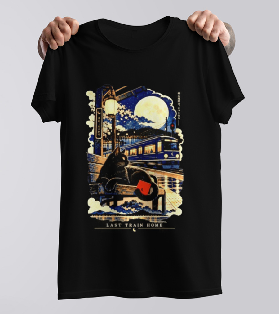 Last Train Home Black Cat Under Moonlit Sky Japanese Aesthetic T-Shirt