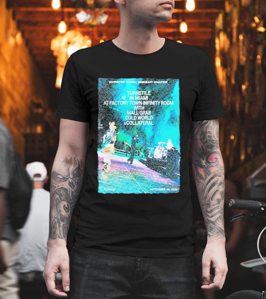 Supporting Florida Immigrant Coalition Turnstile In Miami Factory Town Infinity Room With Mall Grab Cold World Collateral September 20 2026 T-Shirt