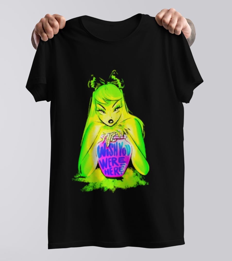 Wish You Were Here Skeleton Urn Goth Spooky Green Yellow Pink Ghostly Aesthetic T-Shirt
