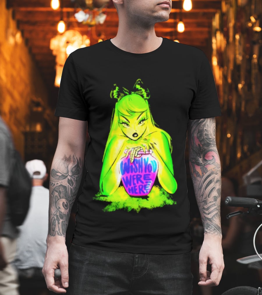 Wish You Were Here Skeleton Urn Goth Spooky Green Yellow Pink Ghostly Aesthetic T-Shirt