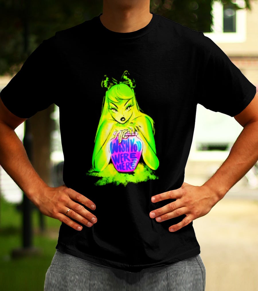 Wish You Were Here Skeleton Urn Goth Spooky Green Yellow Pink Ghostly Aesthetic T-Shirt