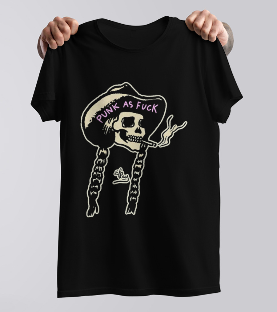 Punk As Fuck Skeleton Smoking Cowboy Hat Braids T-Shirt