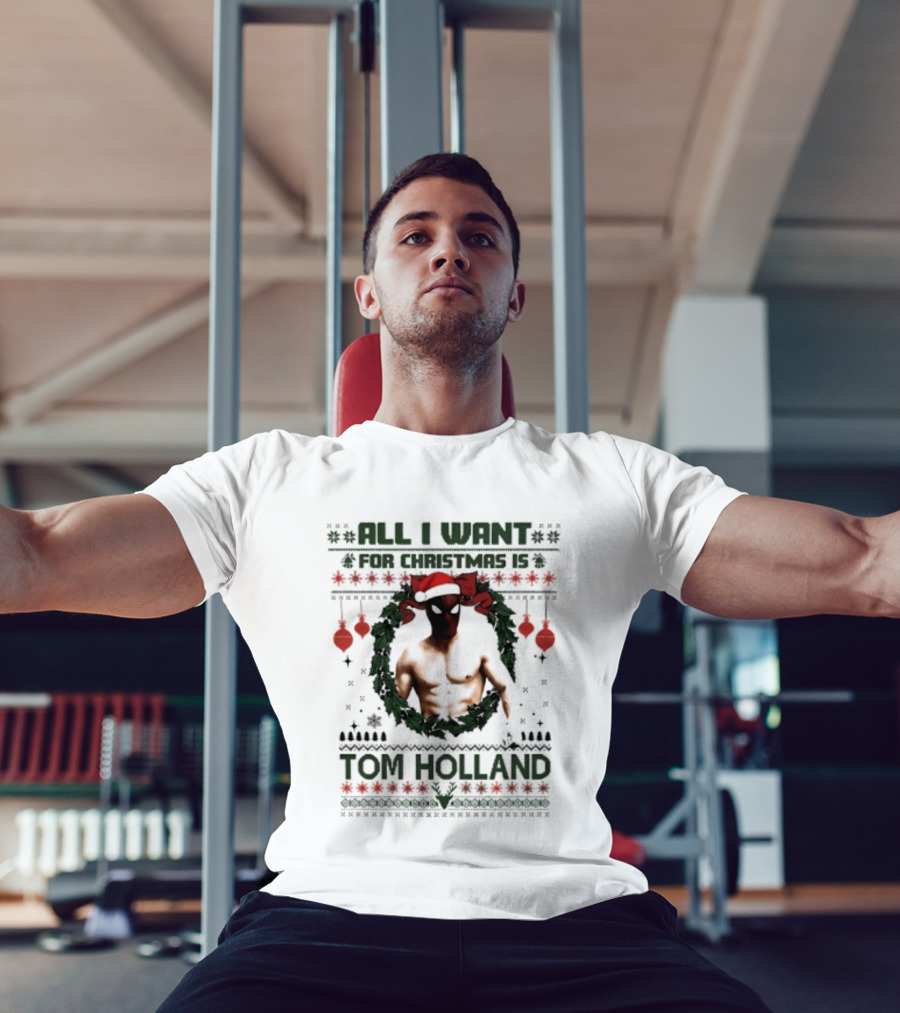 All I Want For Christmas Is Tom Holland Ugly Sweater Spider Man Christmas Wreath T-Shirt
