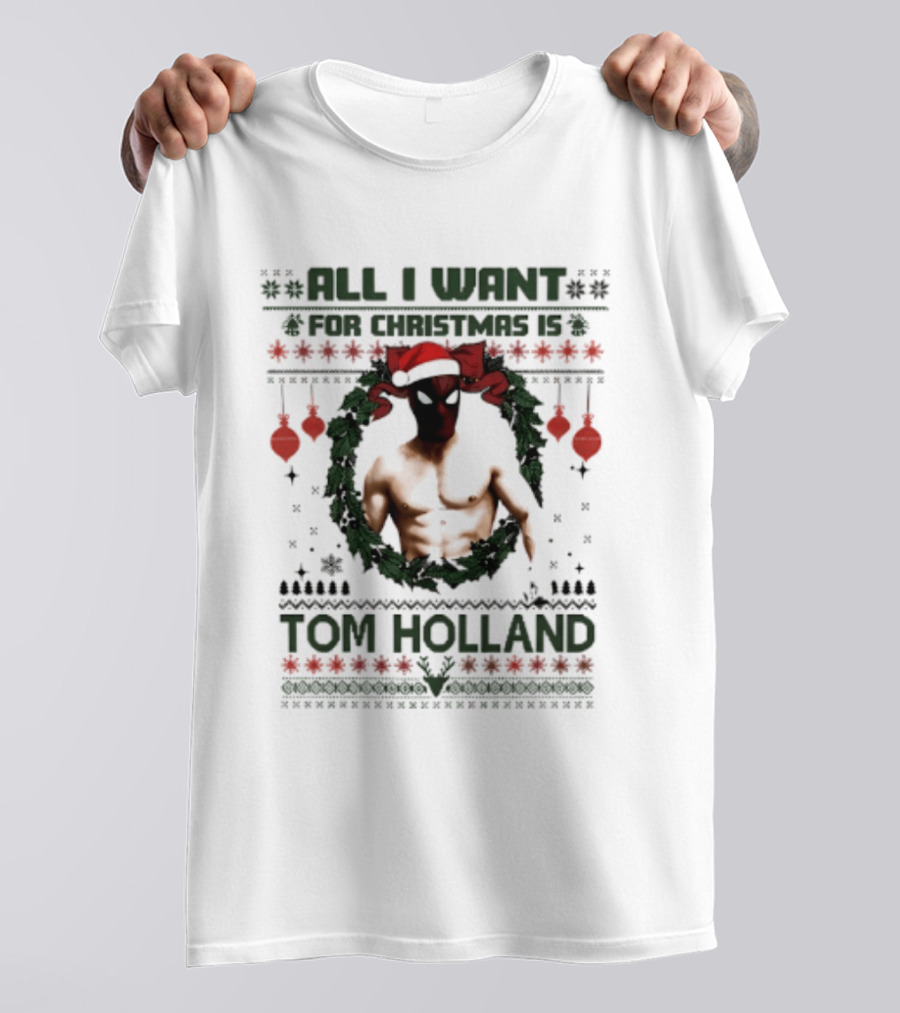 All I Want For Christmas Is Tom Holland Ugly Sweater Spider Man Christmas Wreath T-Shirt