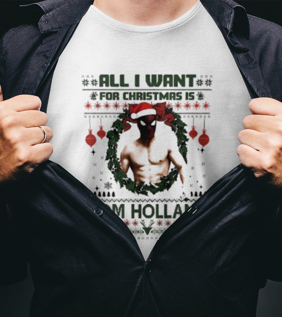 All I Want For Christmas Is Tom Holland Ugly Sweater Spider Man Christmas Wreath T-Shirt