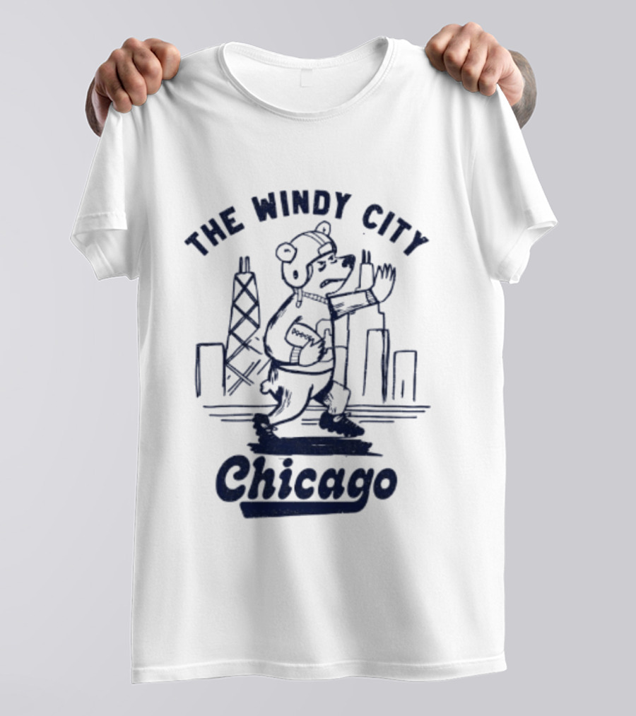 Chicago Bears The Windy City Football Character And Skyline T-Shirt