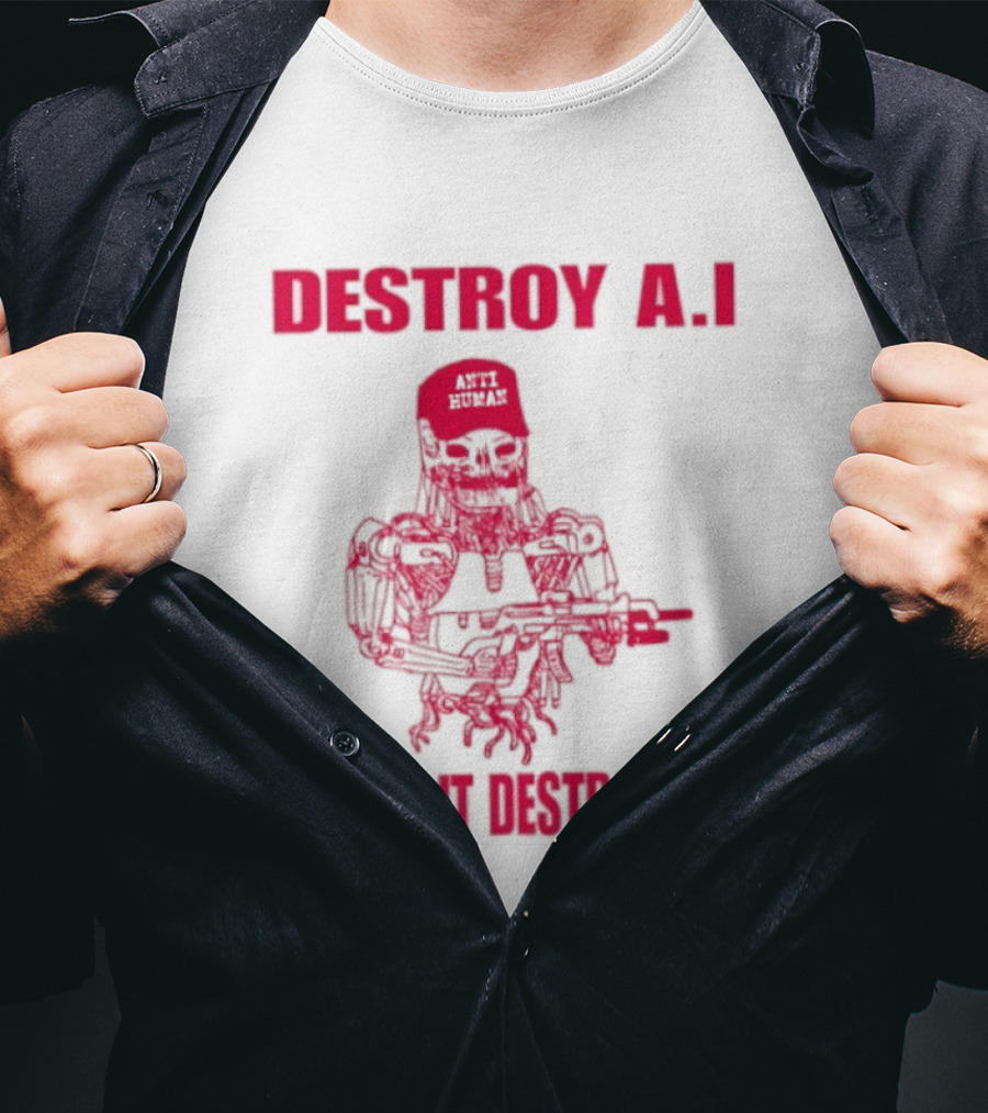 Destroy AI Before It Destroys Us Anti Human Skull Robot With Gun T-Shirt