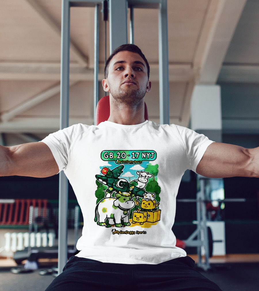 GB 20 17 NYJ Green Bay Football Green Cow Jet Cartoon Game Day T-Shirt