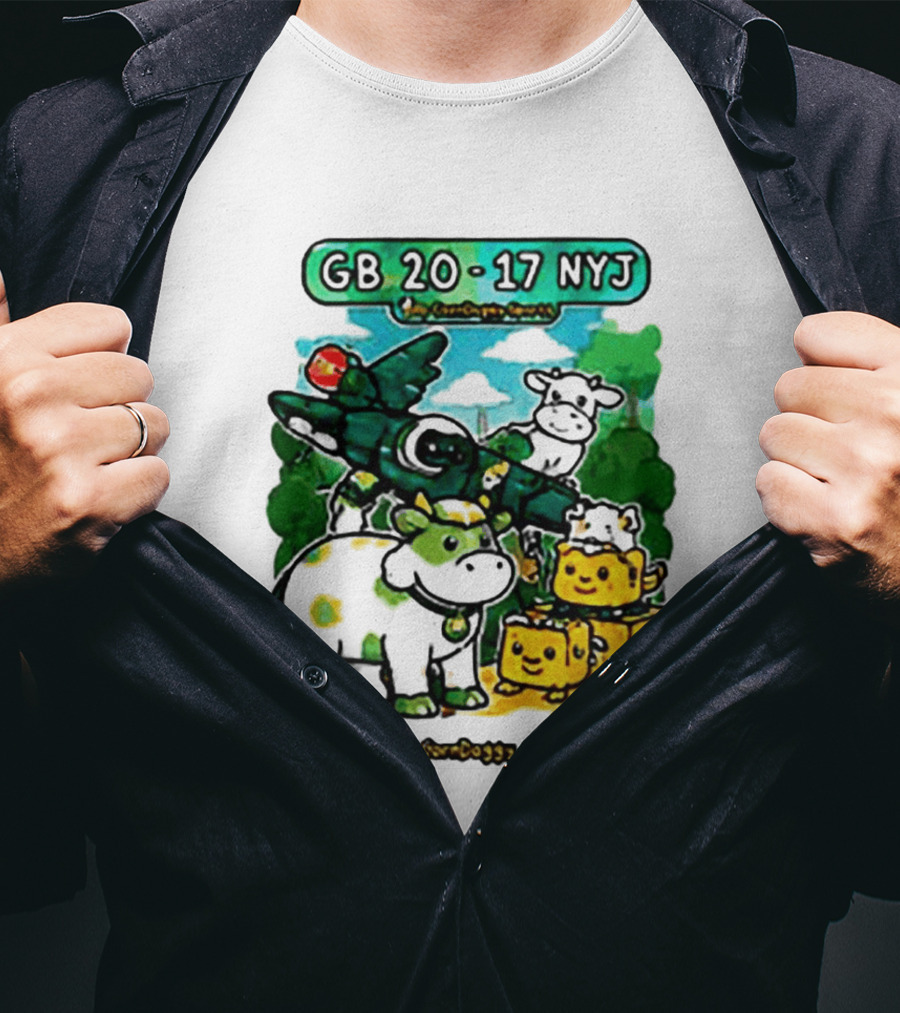 GB 20 17 NYJ Green Bay Football Green Cow Jet Cartoon Game Day T-Shirt