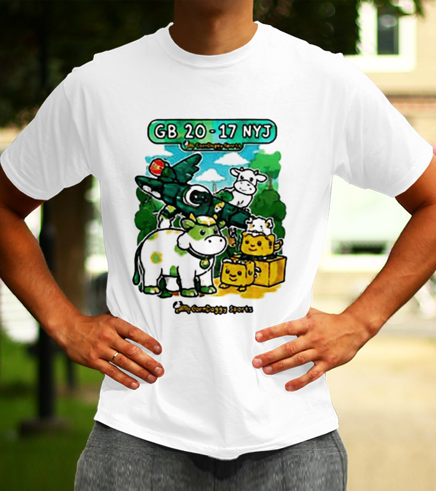 GB 20 17 NYJ Green Bay Football Green Cow Jet Cartoon Game Day T-Shirt