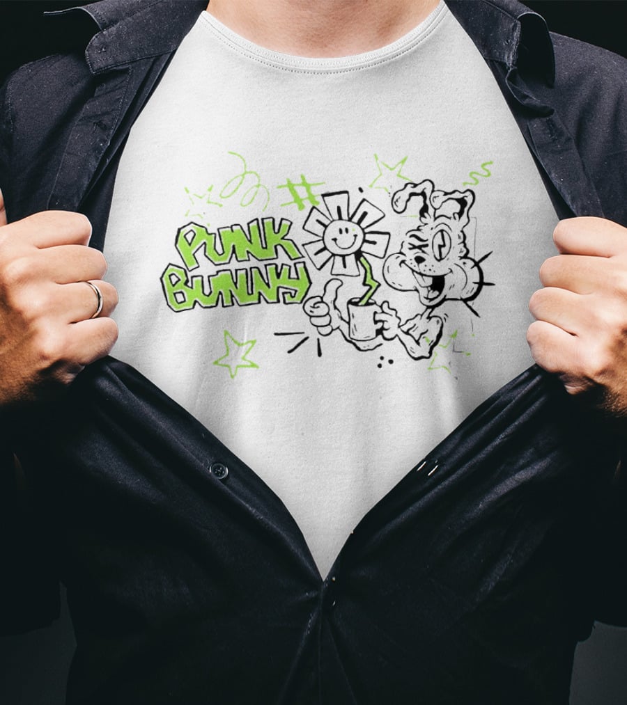 Punk Bunny Green Day Coffee Flower Light Blue T-Shirt