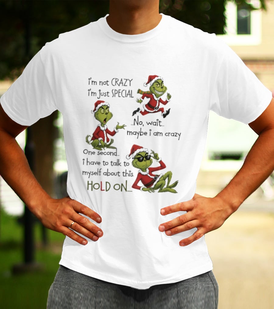 Grinch Santa 2025 I'm Not Crazy I'm Just Special No Wait Maybe I Am Crazy One Second I Have To Talk To Myself About This Hold On T-Shirt