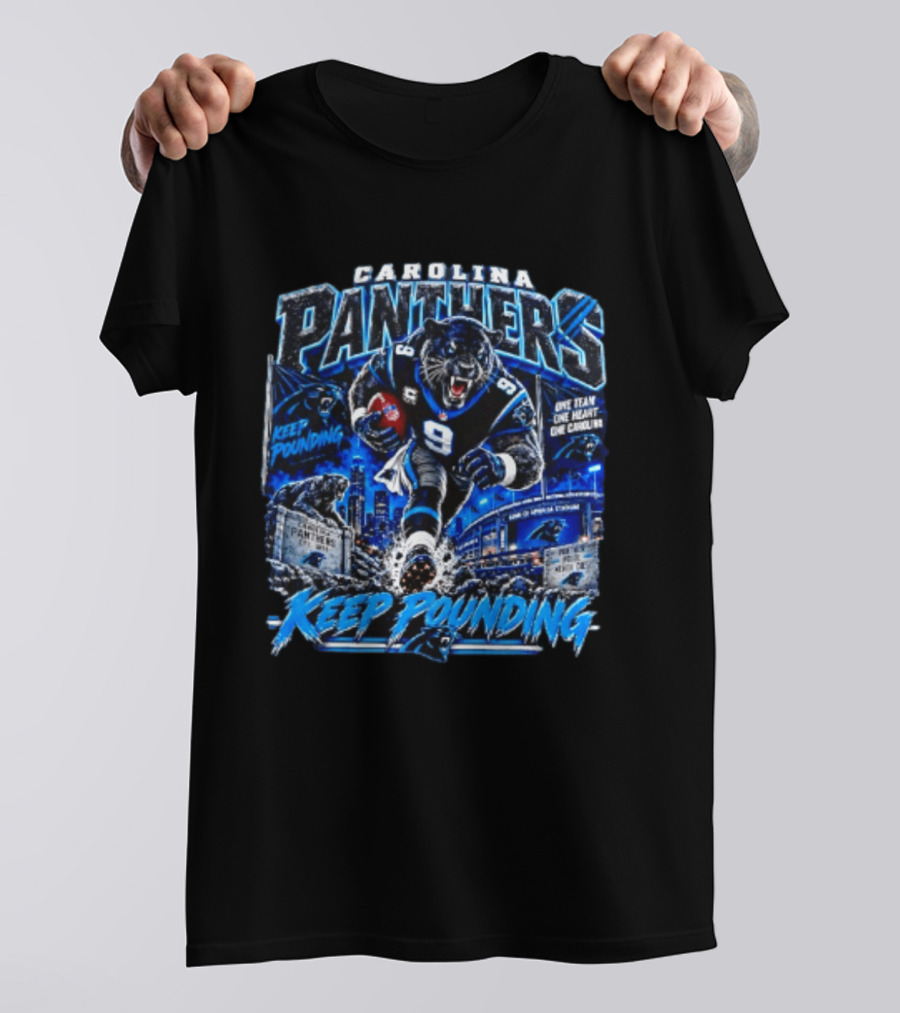 Carolina Panthers Keep Pounding One Team One Heart One Carolina Panthers 9 Football Player City Skyline T-Shirt