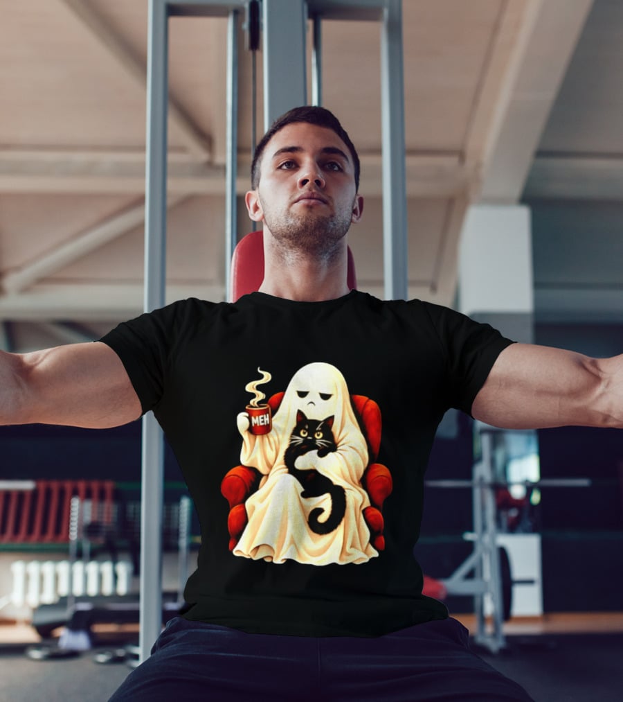 Ghost And Black Cat On Red Chair With Meh Coffee T-Shirt