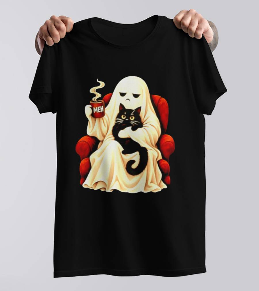 Ghost And Black Cat On Red Chair With Meh Coffee T-Shirt