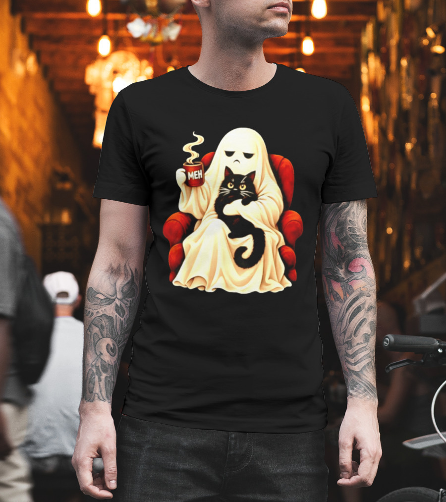 Ghost And Black Cat On Red Chair With Meh Coffee T-Shirt