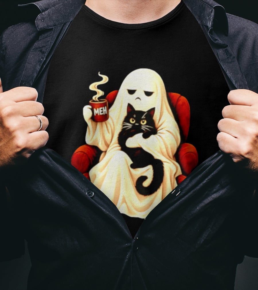 Ghost And Black Cat On Red Chair With Meh Coffee T-Shirt