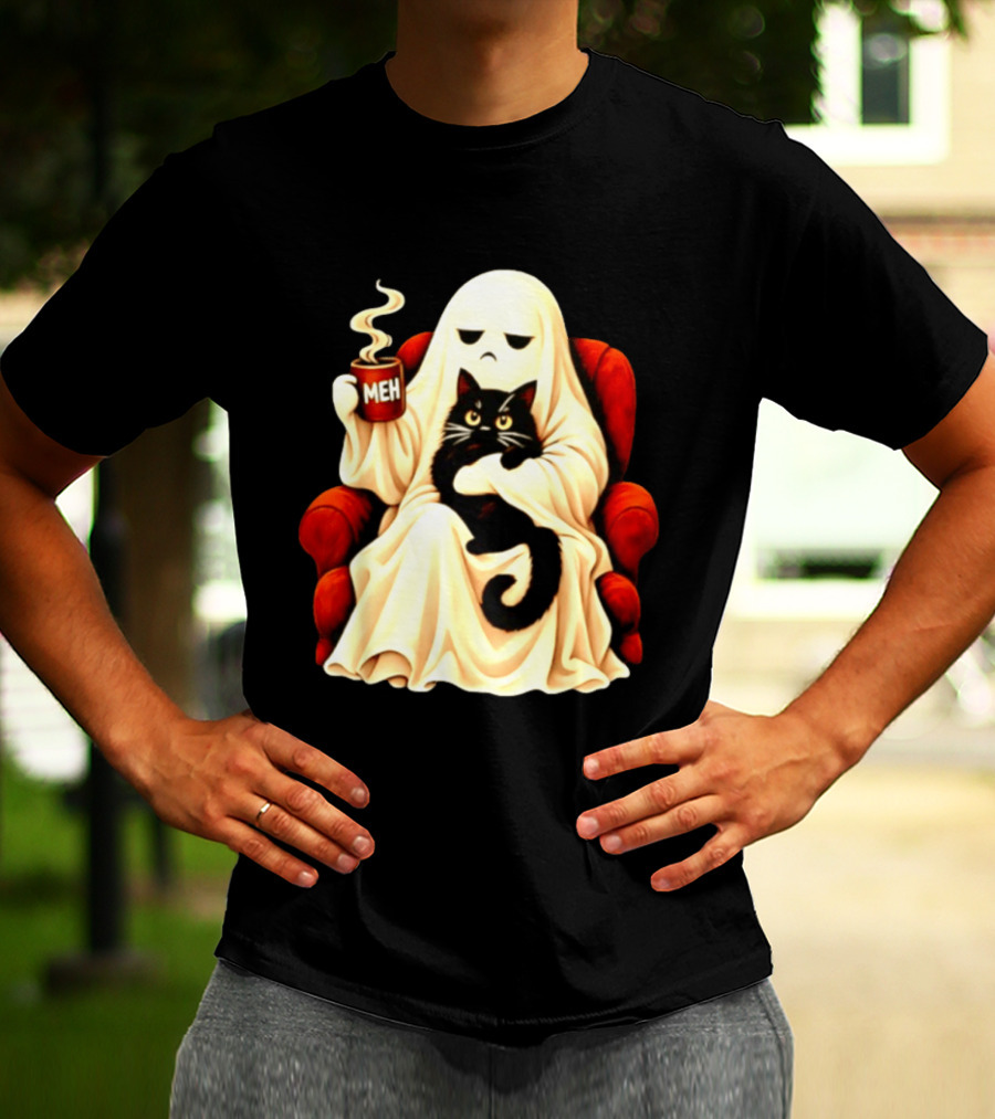 Ghost And Black Cat On Red Chair With Meh Coffee T-Shirt