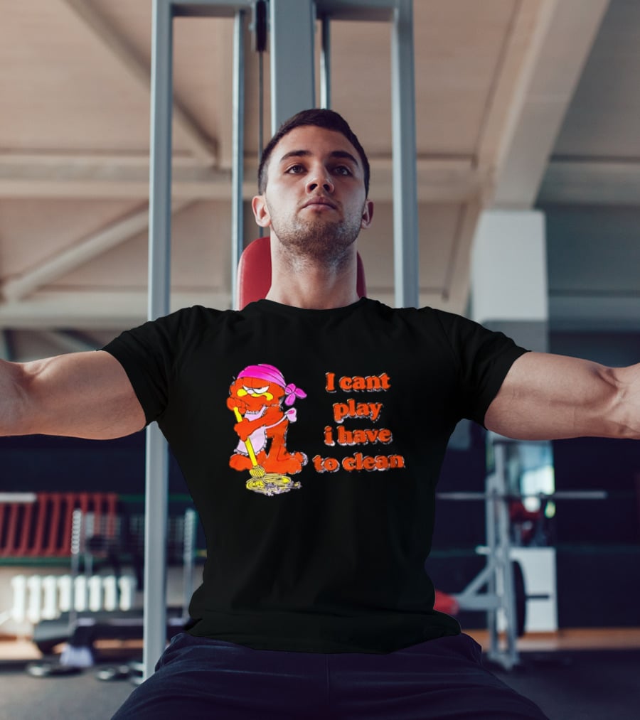 Garfield I Can't Play I Have To Clean Comic Image With Mop And Bandana T-Shirt