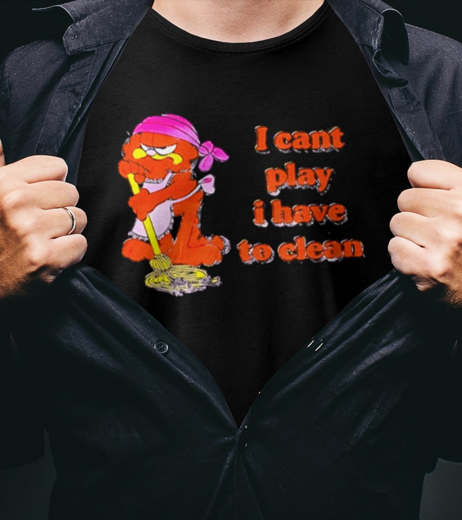Garfield I Can't Play I Have To Clean Comic Image With Mop And Bandana T-Shirt