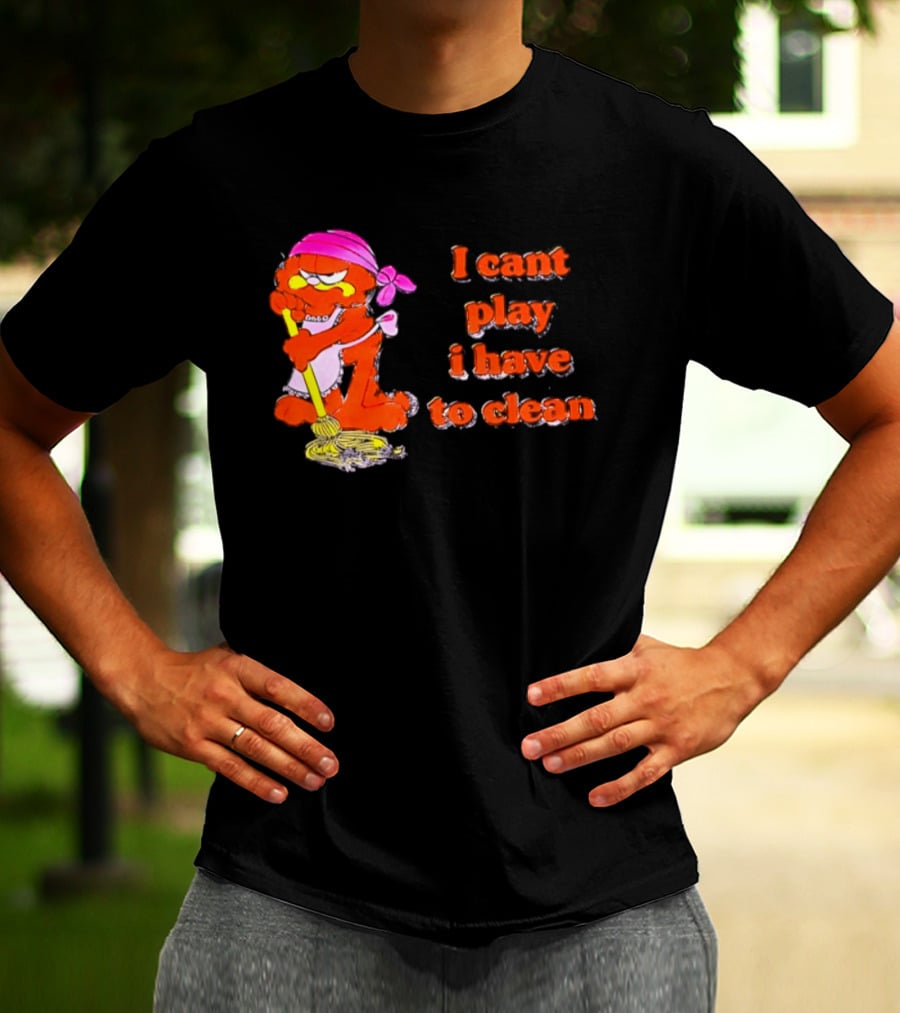 Garfield I Can't Play I Have To Clean Comic Image With Mop And Bandana T-Shirt