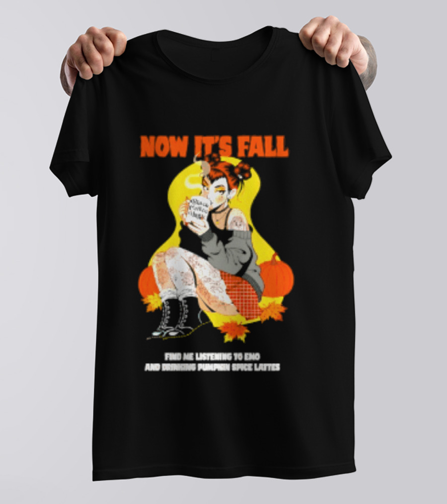 Now It's Fall Emo And Pumpkin Spice Lattes Aesthetic Cozy Autumn Vibes T-Shirt
