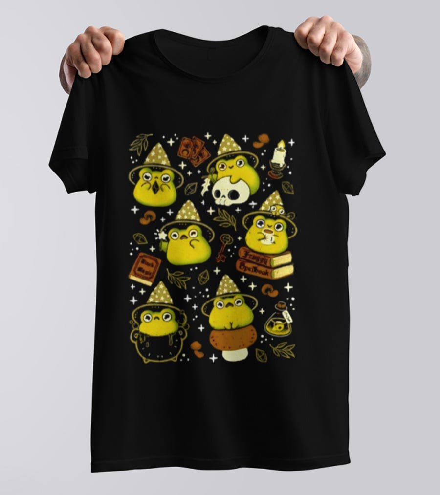 Witchy Froggy Spellbook Black Magic Poison Wizard Hat Mushrooms Potion Bottles T-Shirt