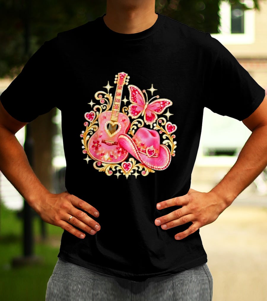 Pink Rhinestone Guitar Cowboy Hat Butterfly Hearts Sparkles T-Shirt