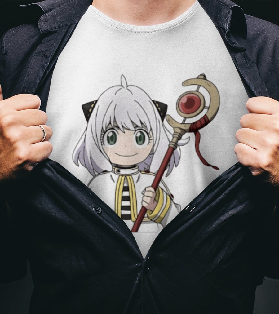 Anya Forger Frieren Crossover Anime Character With Magical Staff T-Shirt