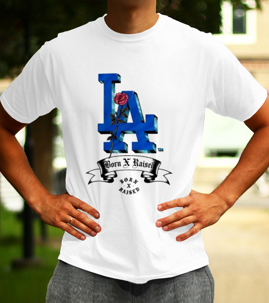 Born X Raised X Los Angeles Dodgers Forever Blue LA Rose T-Shirt