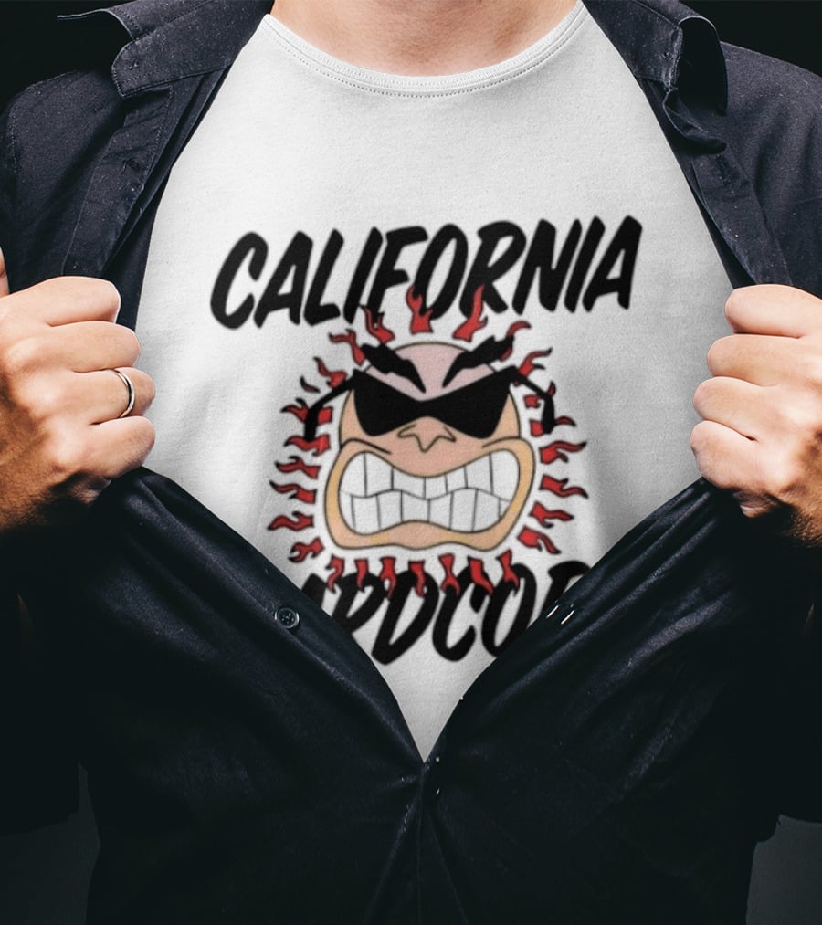 California Hardcore Sun With Sunglasses And Fierce Flames T-Shirt