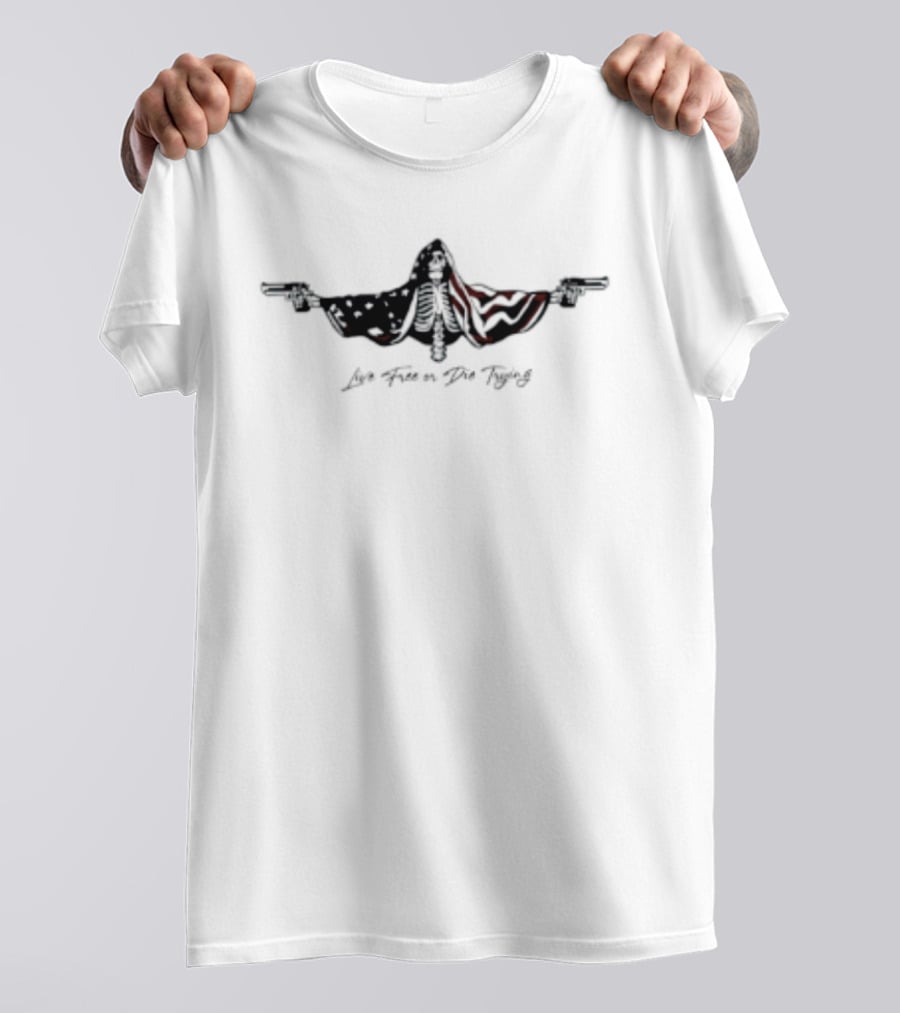Live Free Or Die Trying Skeleton American Flag Wings T-Shirt