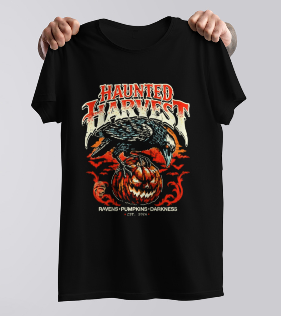Haunted Harvest Ravens Pumpkins Darkness Est 2026 T-Shirt