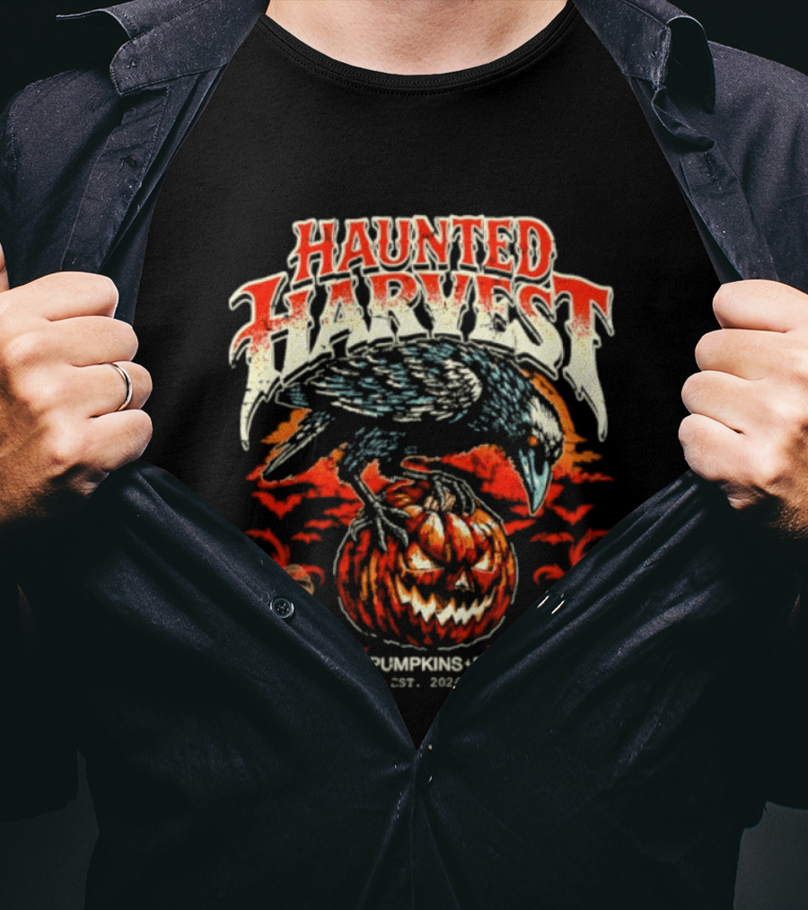 Haunted Harvest Ravens Pumpkins Darkness Est 2026 T-Shirt