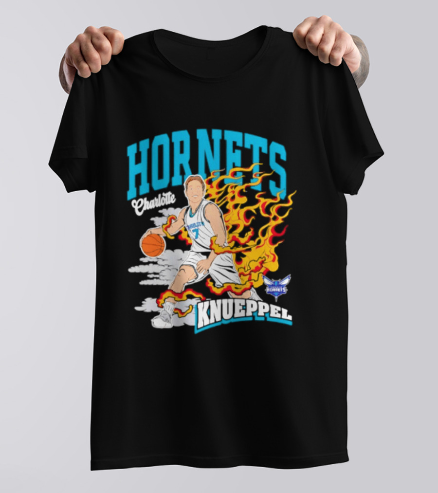 Charlotte Hornets Kon Knueppel Basketball With Flames Motif T-Shirt