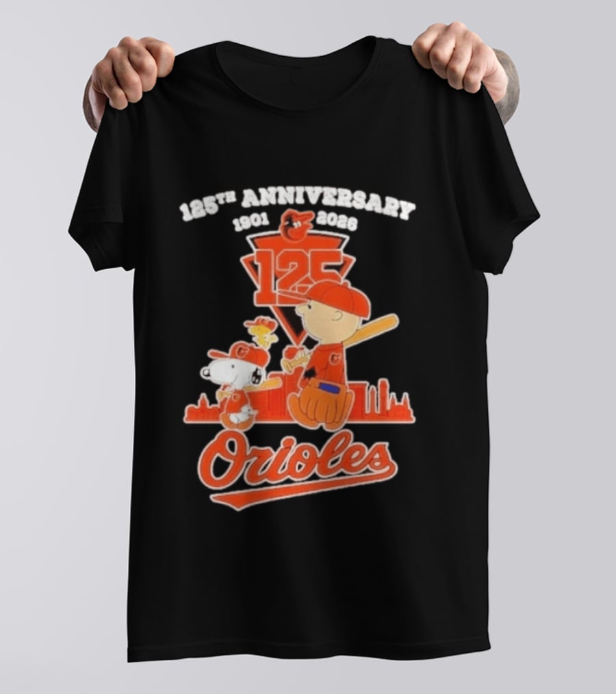 Peanuts Snoopy Baltimore Orioles 125th Anniversary 1901 2026 Skyline Baseball T-Shirt