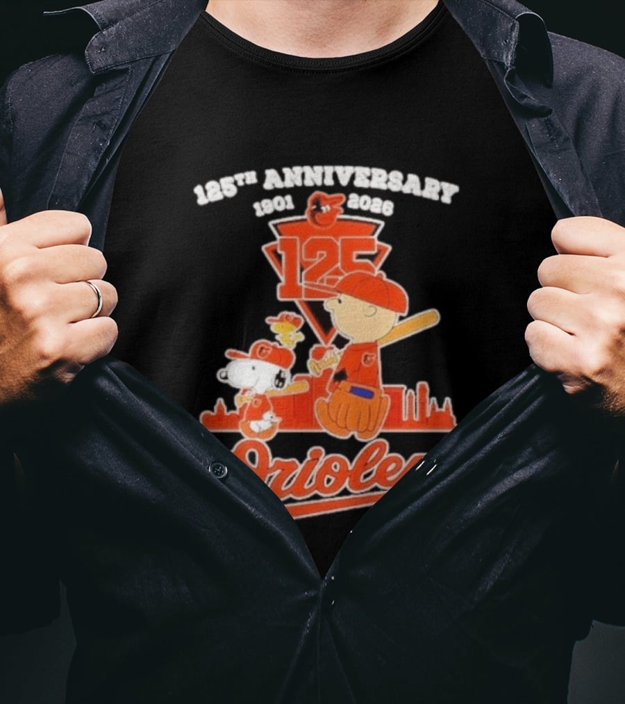 Peanuts Snoopy Baltimore Orioles 125th Anniversary 1901 2026 Skyline Baseball T-Shirt