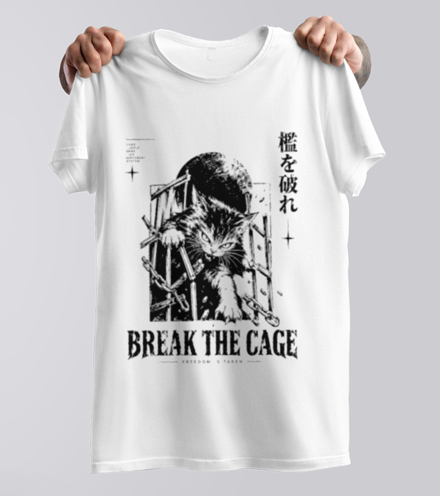 Break The Cage Freedom Is Taken Cat Kanji T-Shirt