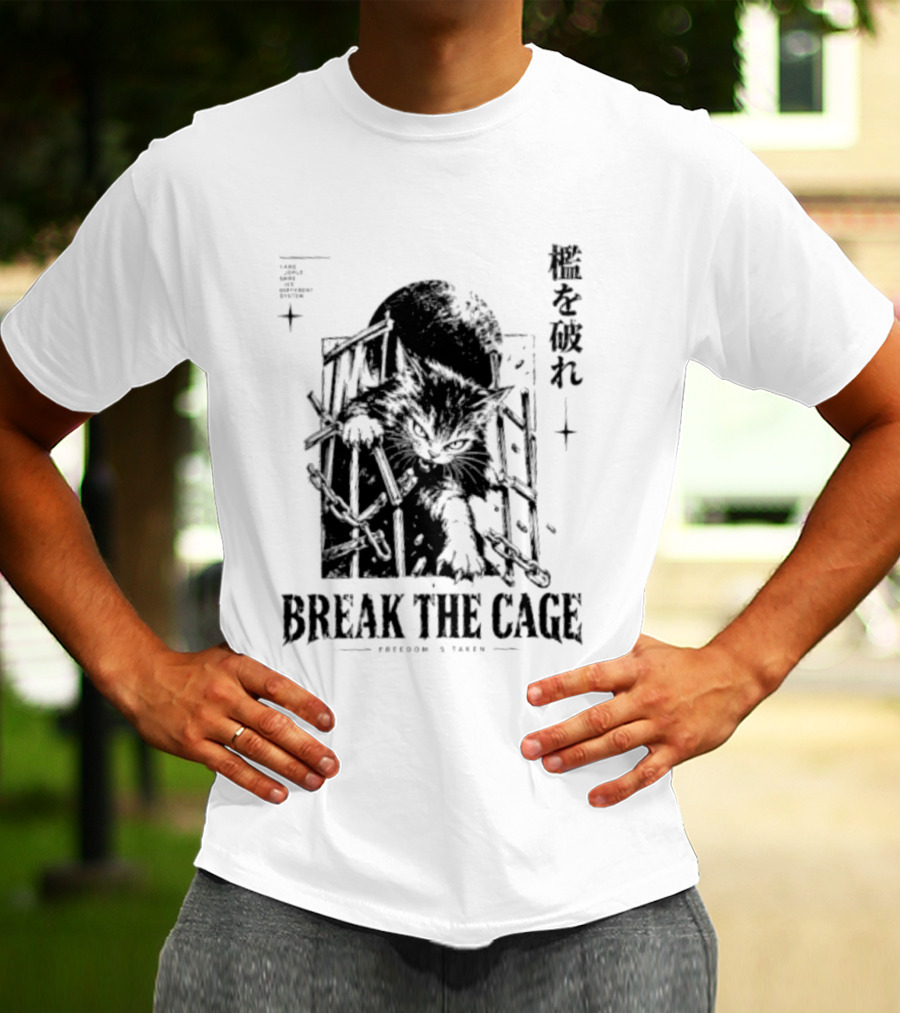 Break The Cage Freedom Is Taken Cat Kanji T-Shirt