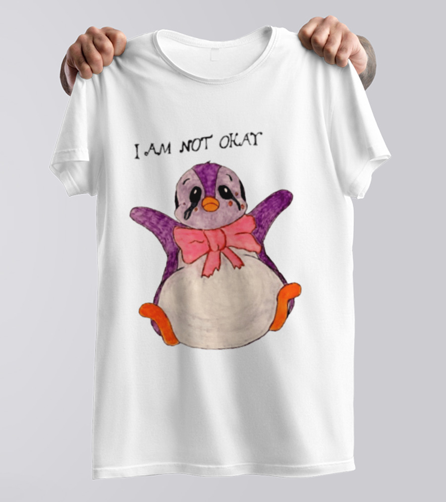 I Am Not Okay Crying Penguin Aesthetic Bow Tearful Purple Orange T-Shirt