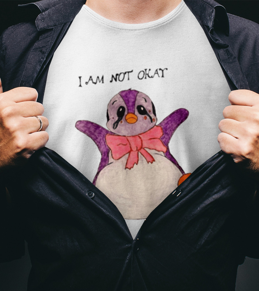 I Am Not Okay Crying Penguin Aesthetic Bow Tearful Purple Orange T-Shirt