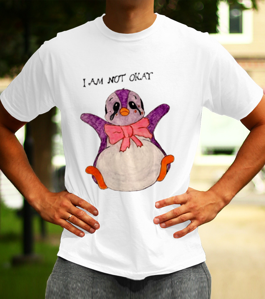 I Am Not Okay Crying Penguin Aesthetic Bow Tearful Purple Orange T-Shirt